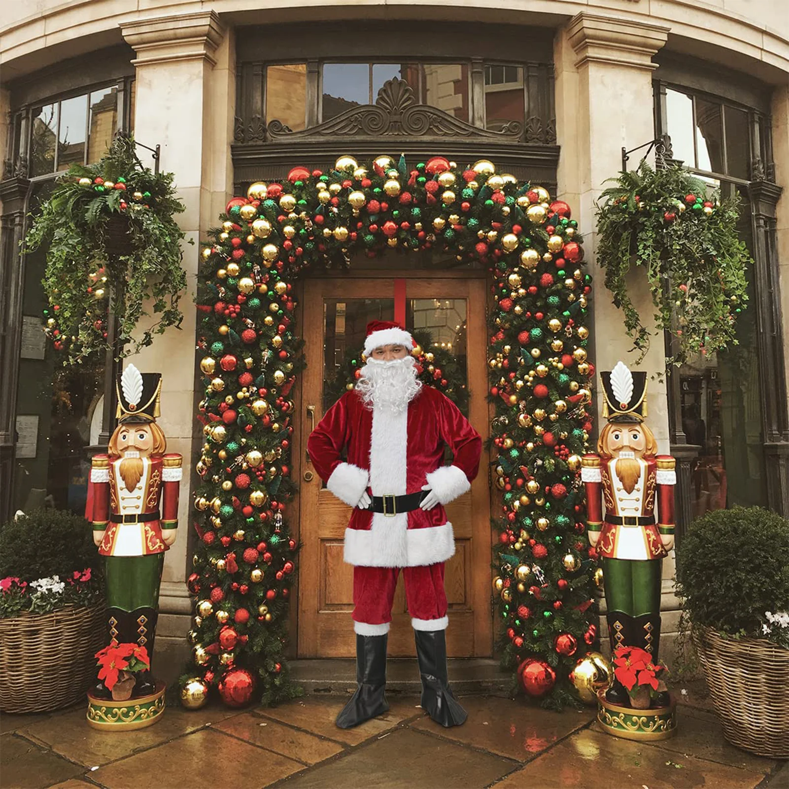 

Men Christmas 7 Pieces Set Solid Color Male Santa Claus Costume with Belt Hat Elastic Waist Loose Fit Festival Style Daily Suit