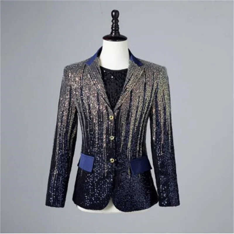 

Gradient blue blazers men's suits sequins jackets lapel collar coat singer shiny coat prom dress платье traje de principe para