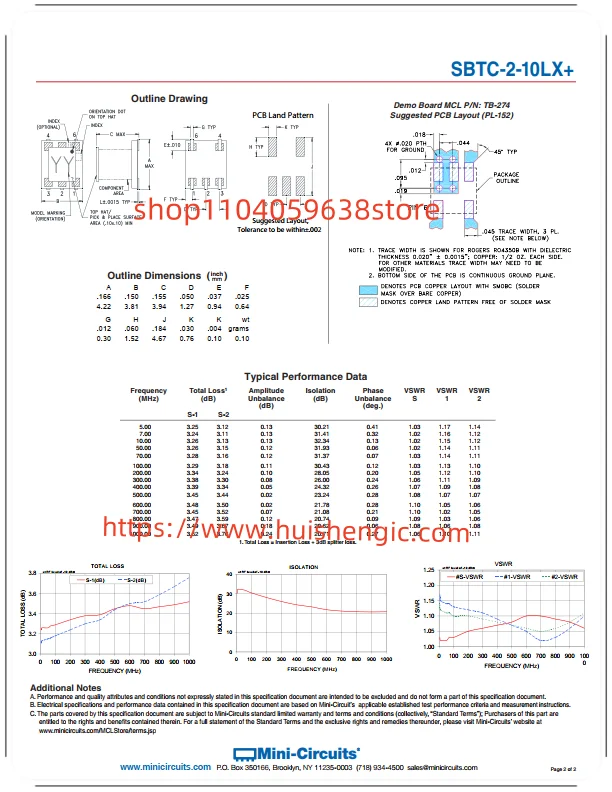 SBTC-2-10LX+ Делитель мощности RF/комбайнер Изоляция от 5 МГц до 1 ГГц (мин) 20 дБ ° Imbalance ()