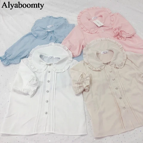 Japanese Summer Women Lolita Style Blouse Peter Pan Collar White Apricot Pink Blue Female Blusas Cute Kawaii Ruffles Girl's Top