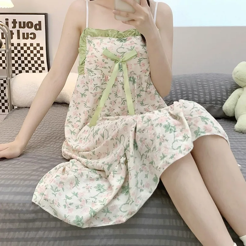 2023 Summer Sweets Spaghetti Straps Young Women's Home Wear Casual Sleeveless Sling Nightwear Floral Print Girl Bra Sleepwear