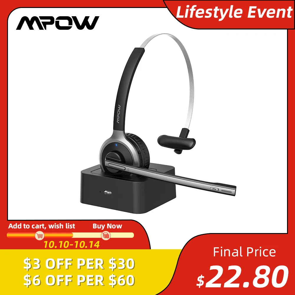Mpow M5 Pro Bluetooth 5.0 Headphones with Mic Charging Base Wireless Headset for PC Laptop Call Center Office 18H Talking Time