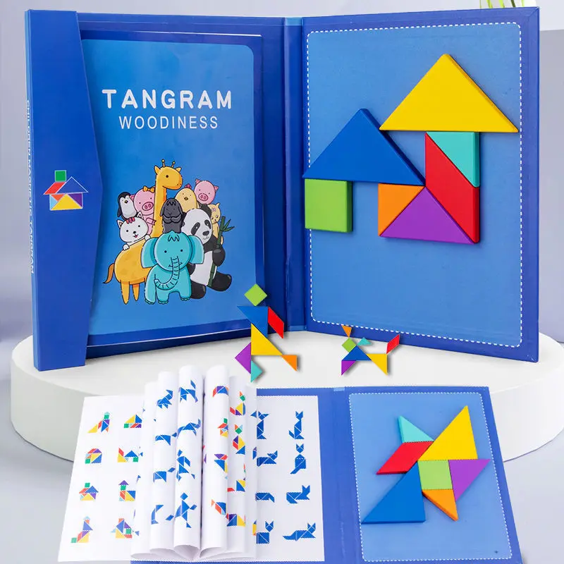Rompecabezas magnético de Tangram para niños, juguete educativo Montessori, libro de aprendizaje de inteligencia, portátil, de madera