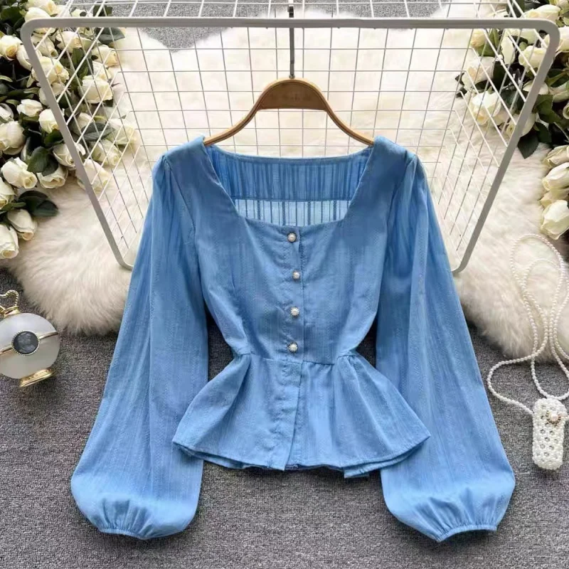 

Korean women casual retro blouse square collar bubble long sleeves