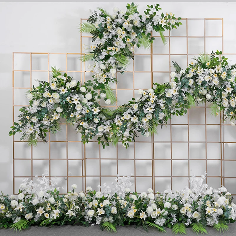 Artificial Wedding Flower Row Decoration White Rose Green Plant Palm Backdrop Wall Party Arches Centerpiece Arrangement Floral