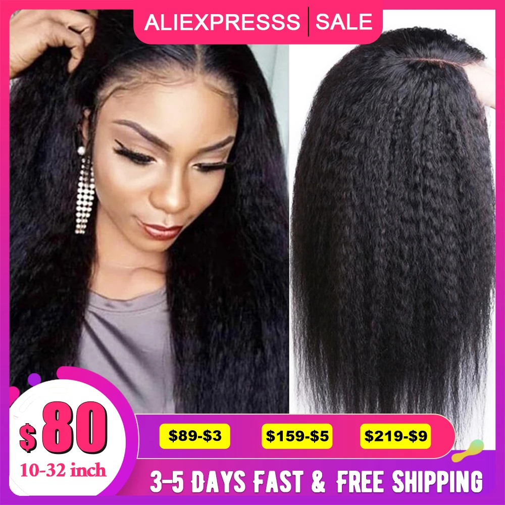 Free Part Peruvian Kinky Straight Lace Front Human Hair Wigs 13x1 Lace Frontal Wigs 28 inches Remy Hair Wig 180% Density VSHOW