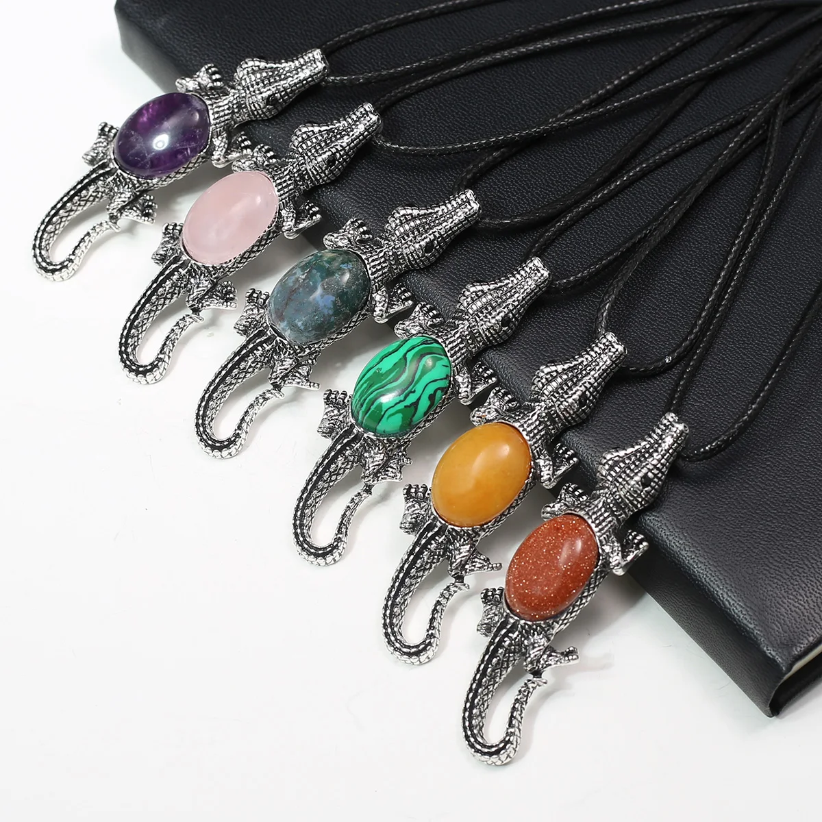 

Natural Stone Shell Metal Crocodile Necklace Leather Rope Chain Amethysts Pendant Making DIY Fashion Charm Bracelet Gift