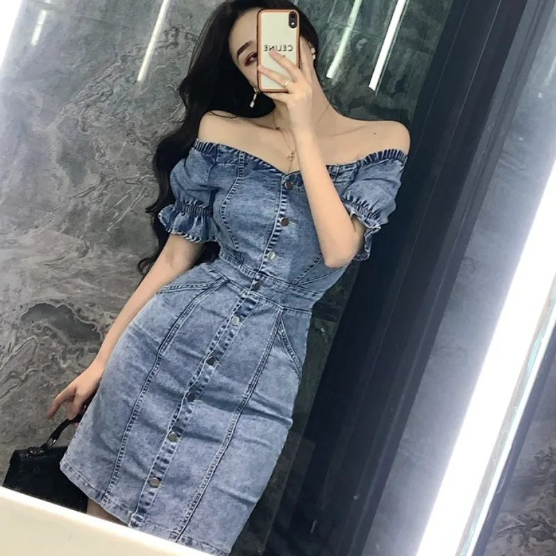 

New Fashion Sexy Slash Neck Denim Dress 2022 Summer Vintage Short Puff Sleeve Vestidos Single Breasted High Waist Bodycon Dress