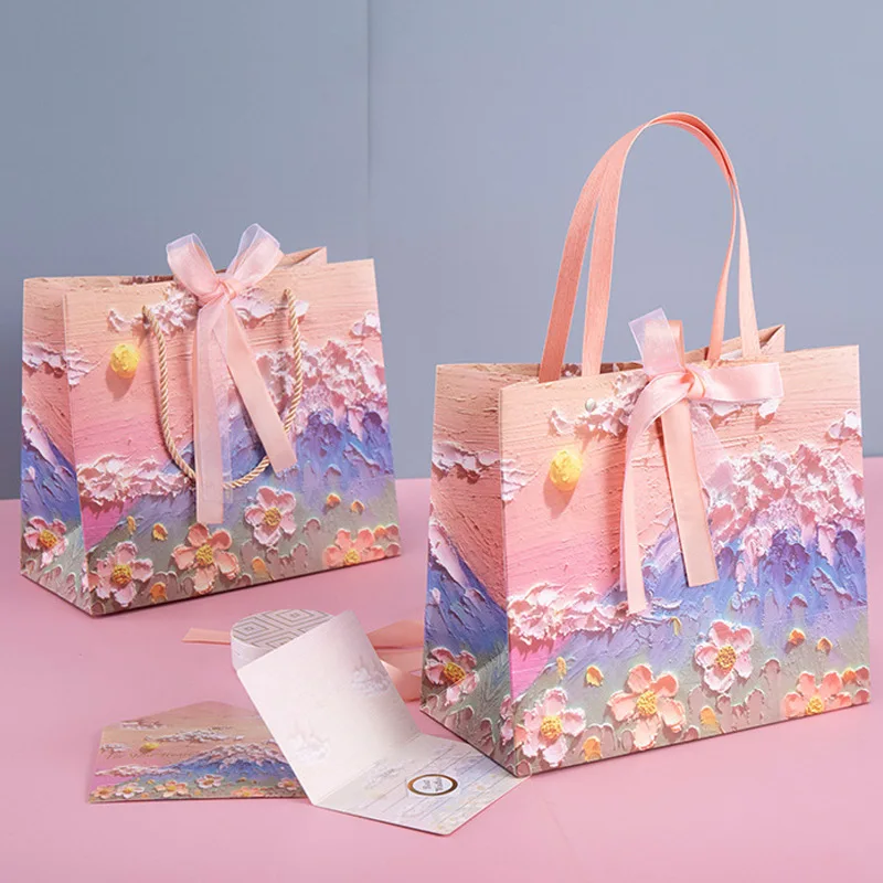 

Kraft Paper Bag 3D Painting Flower Paper Gift Bag Packaging Shopping Tote Bag Wedding Birthday Gift Packaging Storage Bag
