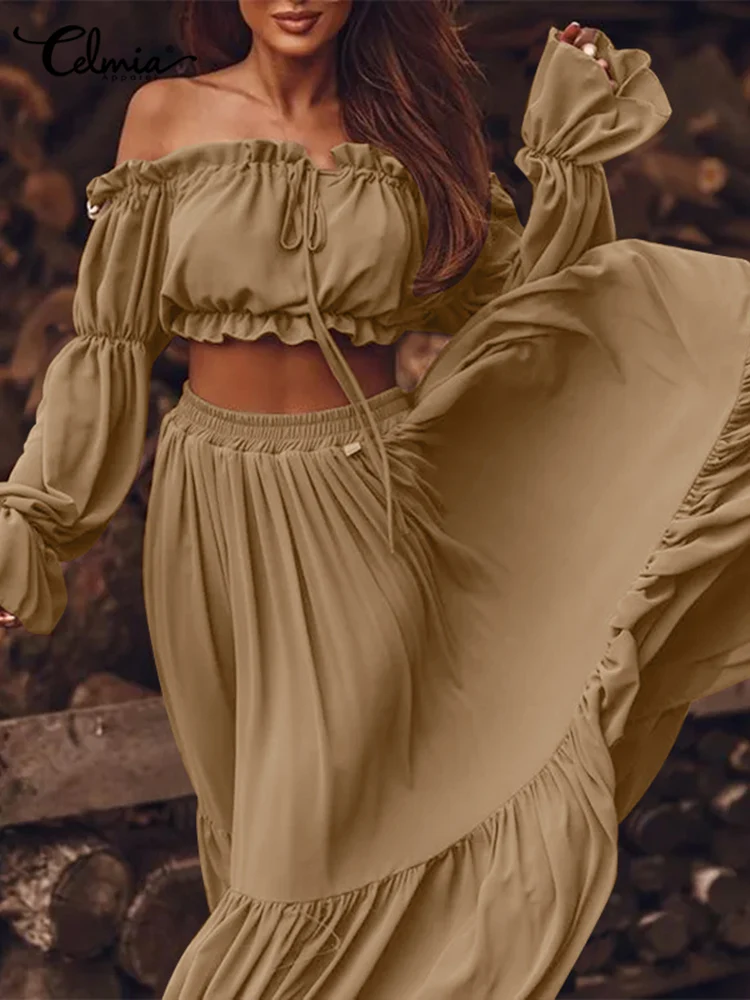 

Celmia Bohemian Dress Sets 2022 Summer Women Ruffled Short Tops and Pleated Maxi Skirt Sets Casual Elegant Beach Two-piece Sets