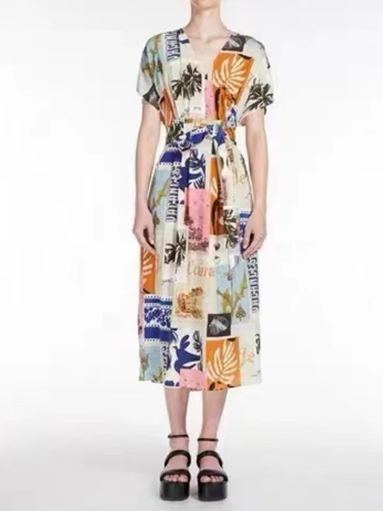 2023 Spring and Summer New Color Dresses Printed Mulberry Silk Silk Waist V-neck Women Midi Dresses