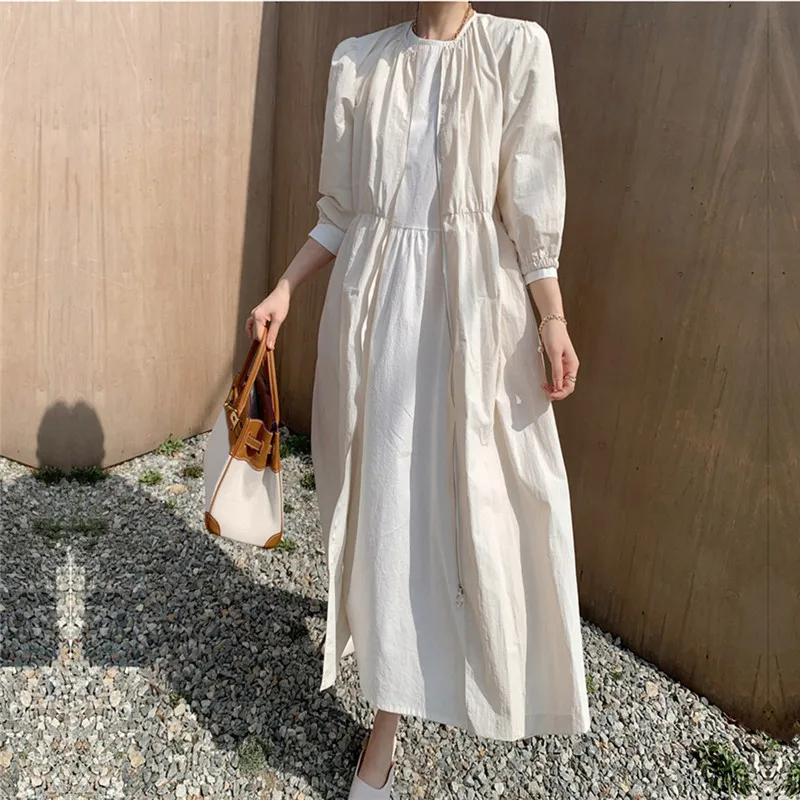 

8873 Ladies Summer Korean Style Zipper Plus Size Cardigan Long Crew Neck Solid ColorOvercoat