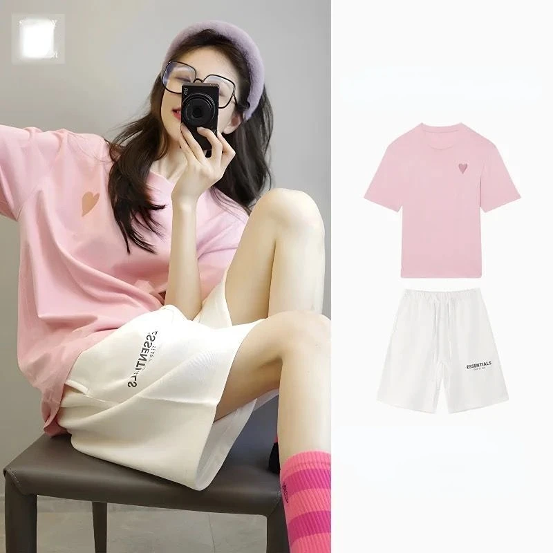 

2023 Female Students Summer New Loose Printed Short-sleeved T-shirt Wide Leg Five-point Shorts Two-piece Tide Y2K
