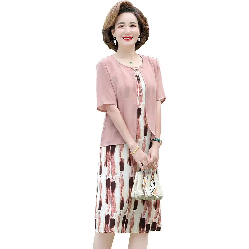 

New Middle-Aged And Elderly Women'S Dresses Fake Two-Piece Skirt Summer Temperament Covering Meat Large Size Mother'S Dress