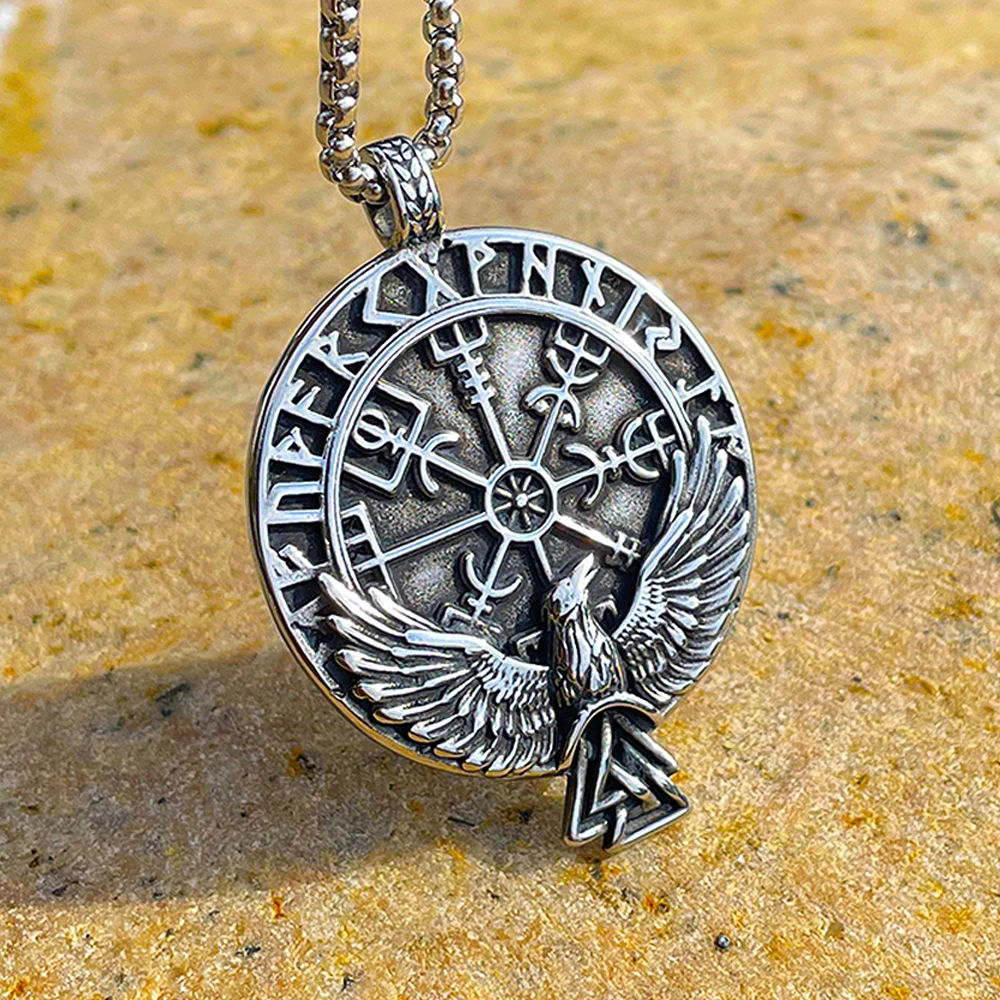 

Vintage Vegvisir Viking Compass Rune Necklace Men Norse Stainless Steel Odin Raven Necklace Chain Fashion Jewelry Accessories