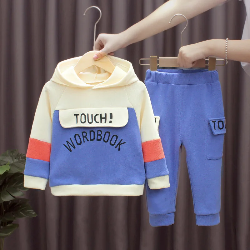 

Kids Essentials Clothes Spring Autumn Patchwork Letter Printed Long Sleeve Hooded Hoodies and Pants Toddler Gilrs Boys Outfits