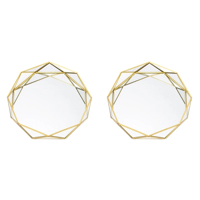 

2X Vintage European Glass Metal Storage Tray Gold Geometric Round Fruit Plate Desktop Small Items Jewelry Display Tray-S