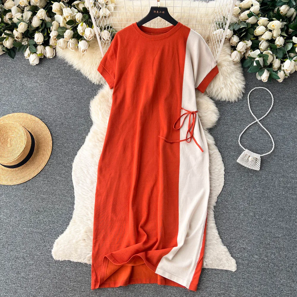 

Jastie, ретро, ТРАПЕЦИЕВИДНОЕ женское платье, летнее, новое, модное, свободное, на шнуровке, длинные платья для женщин, с круглым вырезом, с коротким рукавом, вязаное платье 2023