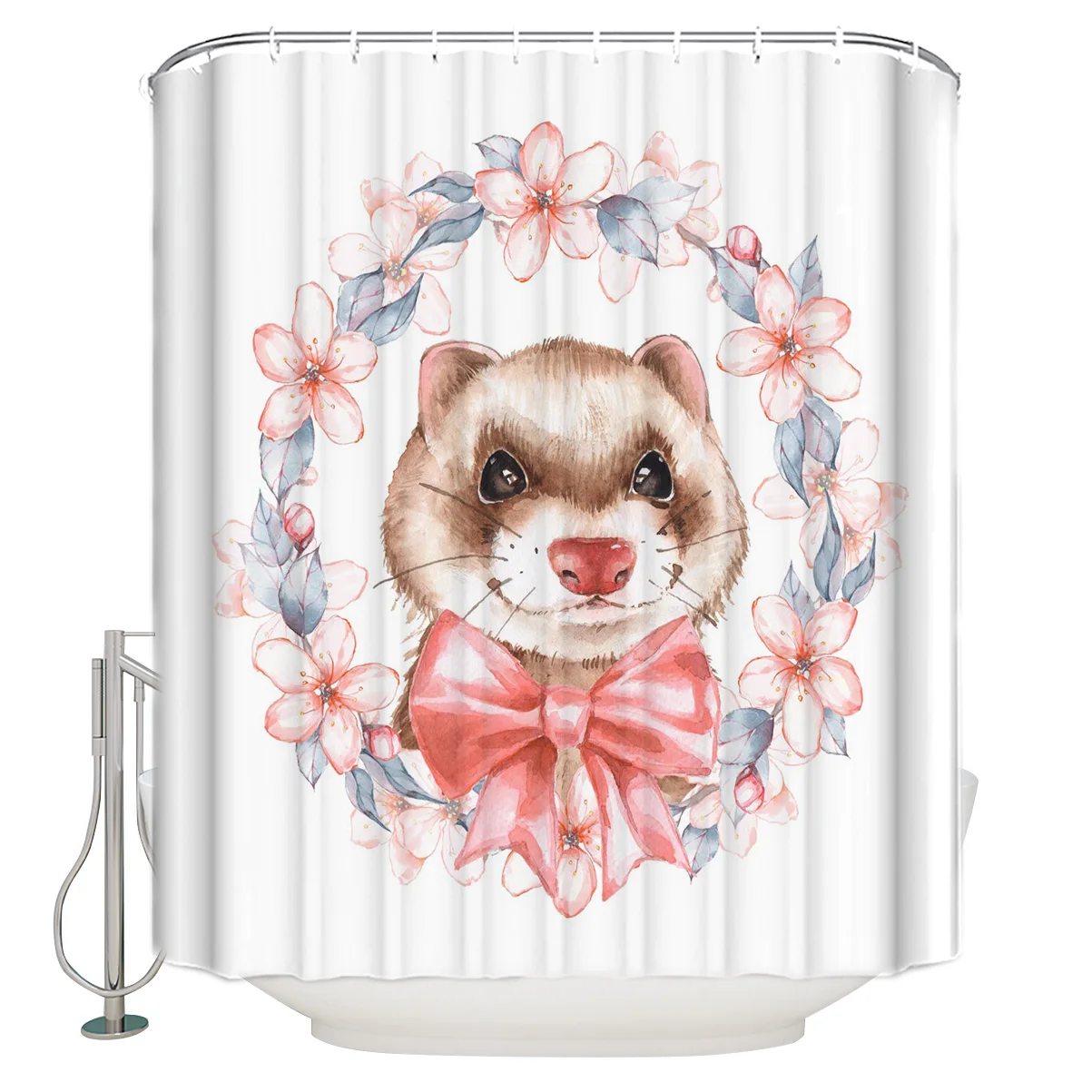 

Весенняя занавеска для душа «хорька» с розовыми цветами и растениями, водонепроницаемая занавеска для душа с принтом и крючками, декоратив...