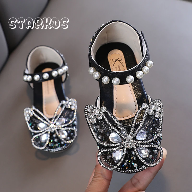 Crystal Butterfly Girl Sandals 2022 Summer Upgrade Pearl Glitter Flower Princess Shoes Kids Sequin Lace Bow Dance Flat Sandalias enlarge