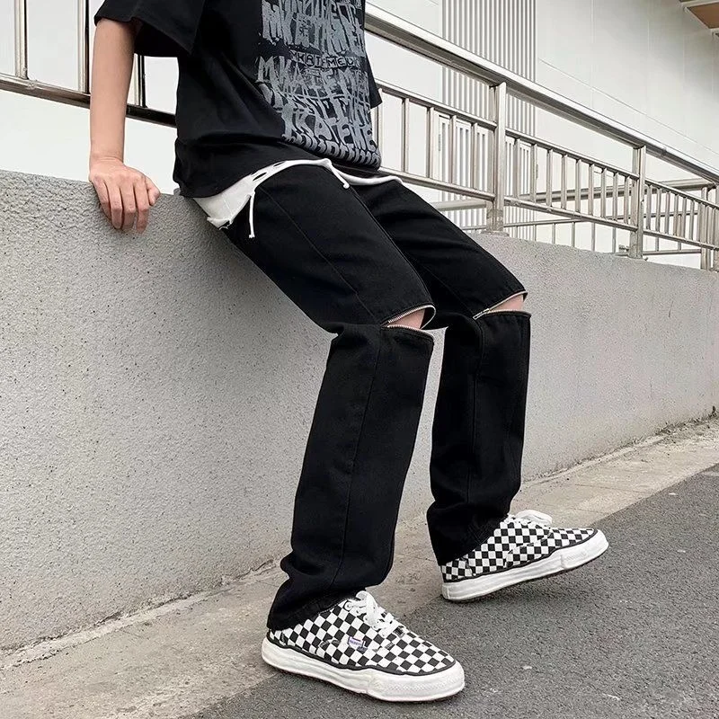Summer Black Ripped Jeans Men Fashion Casual Straight Jeans Men Streetwear Loose Hip Hop Hole Denim Pants Mens Trousers S-3XL