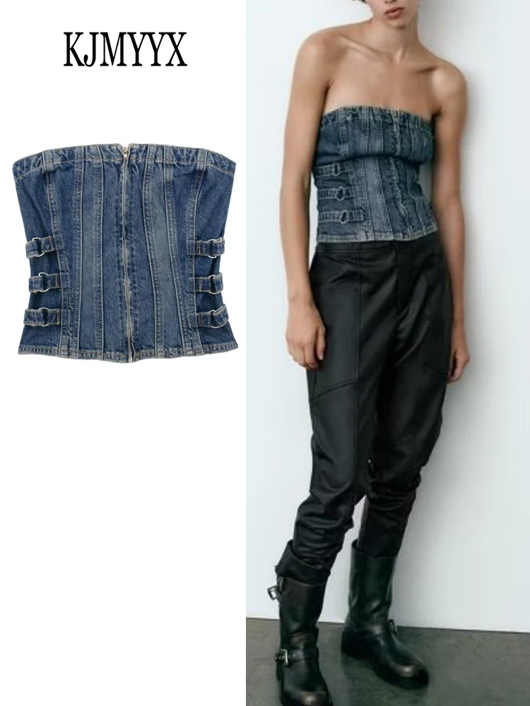 

KJMYYX Summer Women Off Shoulder Sleeveless Bustier Sexy Denim Tank Tops Street Wear Solid Female Backless Corset Crop Top