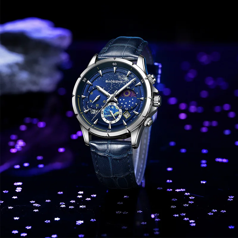 

Novelty Starry Sky Dial Steel/Leather Strap Waterproof Mens Wristwatch Auto-date Luminous Pointer Quartz Watch