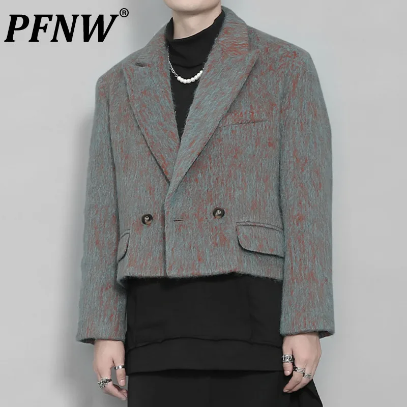 

PFNW Spring Autumn Men's Fashion Vintgae Jacquard Weave Jackets Popular Button Fur Short Blazers Coat Casual Woolen Suit 12A7827