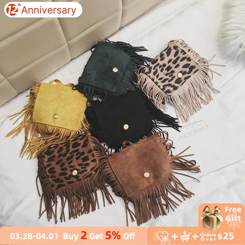 

Lovely Children Tassel Shoulder Bags Vintage Leopard Girls Small Coin Purse Cute Baby Accessories Crossbody Bags for Kids Gifts