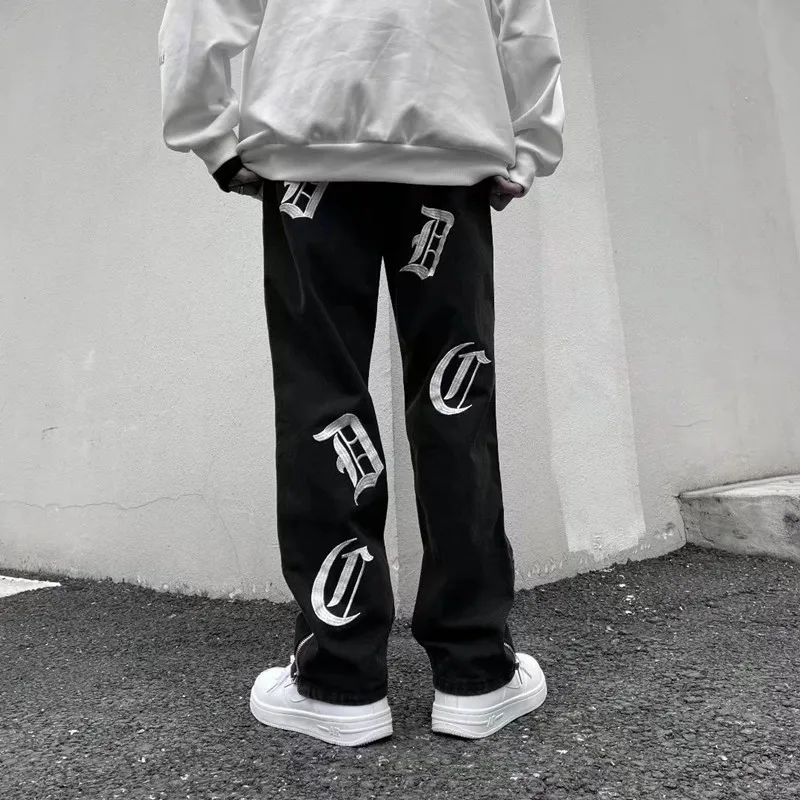 2022 Vibe Style Musical Note Embroidery Black Streetwear Men Slim Jeans Trousers Ankle Zipper Hip Hop Women Denim Pants Pantalon