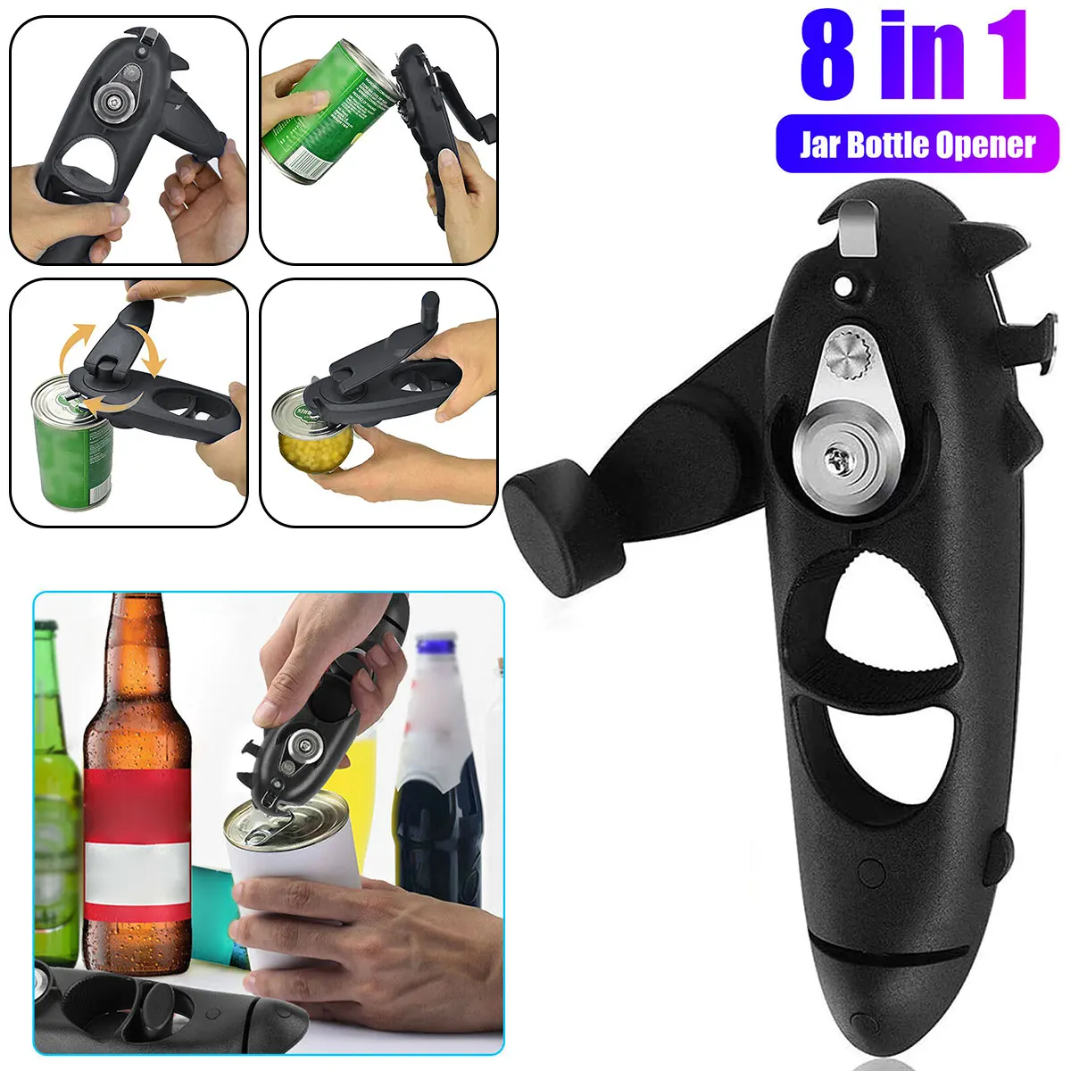 

Manual Can Opener 8-in-1 Safety Can Opener Hand-held Jar Lid Gripper Portable Water Bottle Cap Labor-saving Bottle Lid Removal