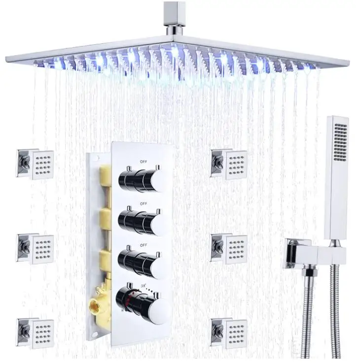 

12 inch Chrome Ceiling Rain Thermostatic Wall Mounted Shower System with Body Spray Jets, Use All Functions At A time