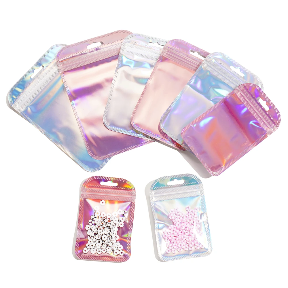 50Pcs Iridescent Ziplock Bag Transparent Laser Thicken Plastic Seal Bags for Jewelry Display Handicrafts Nail Eyelash Packaging