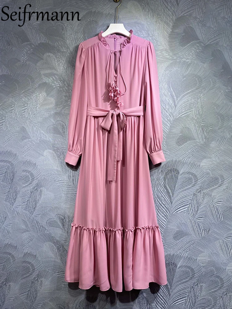 Seifrmann High Quality Summer Women Fashion Designer Pink Dress Long Lantern Sleeve Bow Belt Shirring Ruffles Trim Long Dresses