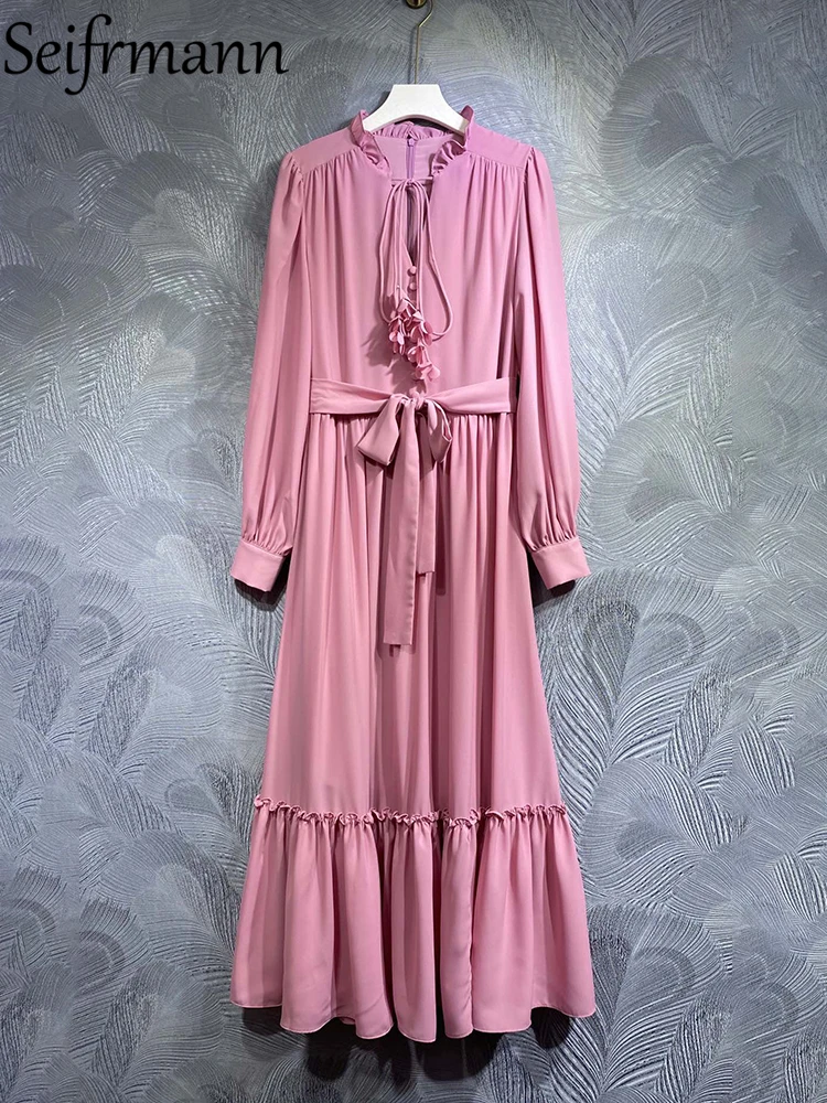

Seifrmann High Quality Summer Women Fashion Designer Pink Dress Long Lantern Sleeve Bow Belt Shirring Ruffles Trim Long Dresses