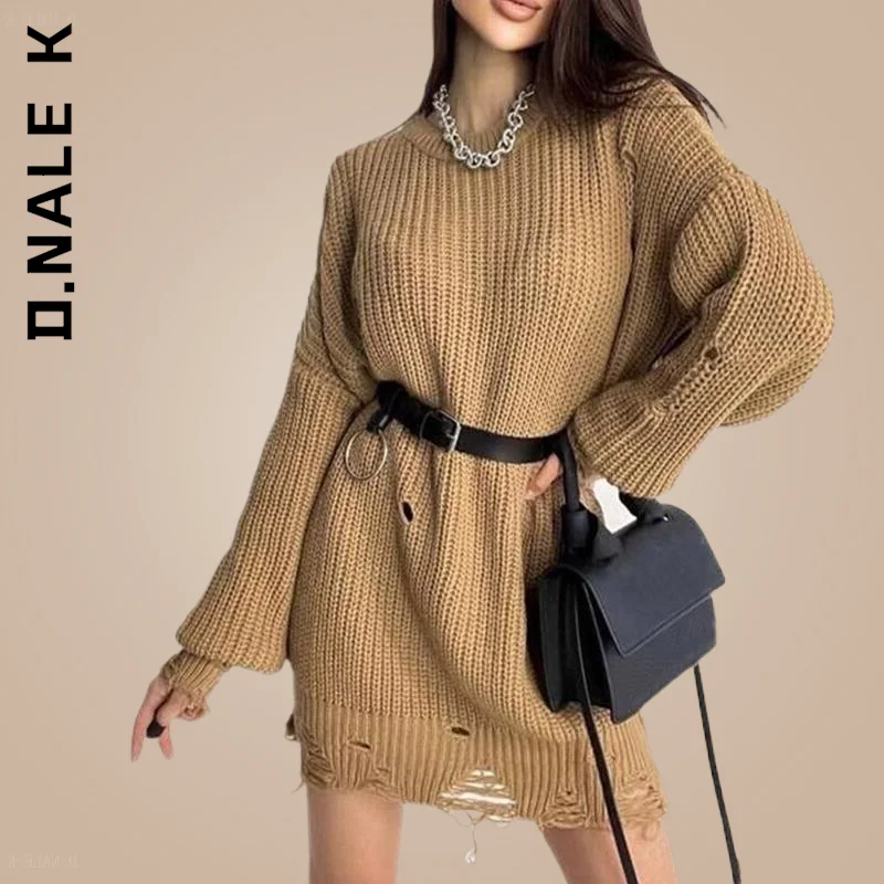 

D.Nale K Long Sleeve Loose Knitted Autumn Winter Short Dress Sexy Sweater Dress Women Basic Holiday Robe Popular Female Clothing
