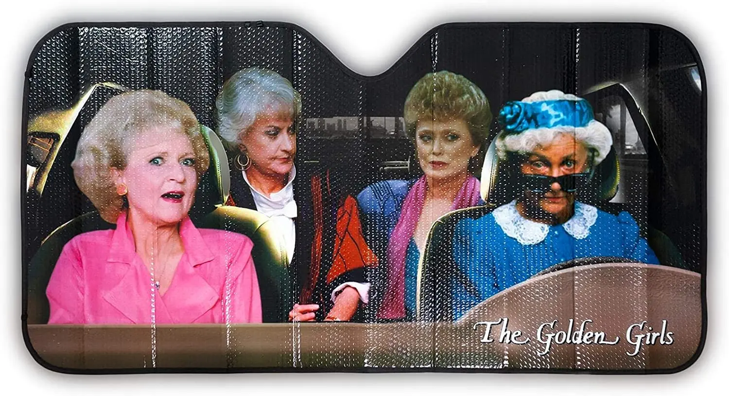 

The Golden Girls Car Sunshade with Sophia Driving - Includes Rose, Blanche, Dorothy - Foldable Novelty Fandom Vehicle Accessorie