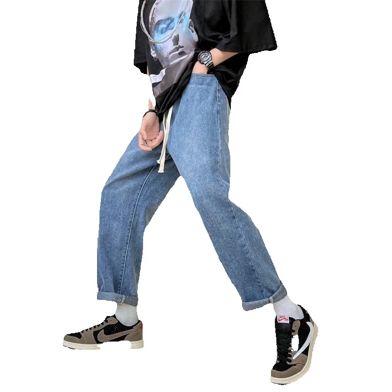 Summer Thin Jeans Men Fashion Casual Drawstring Straight Jeans Men Streetwear Hip Hop Loose Denim Pants Mens Trousers M-3XL