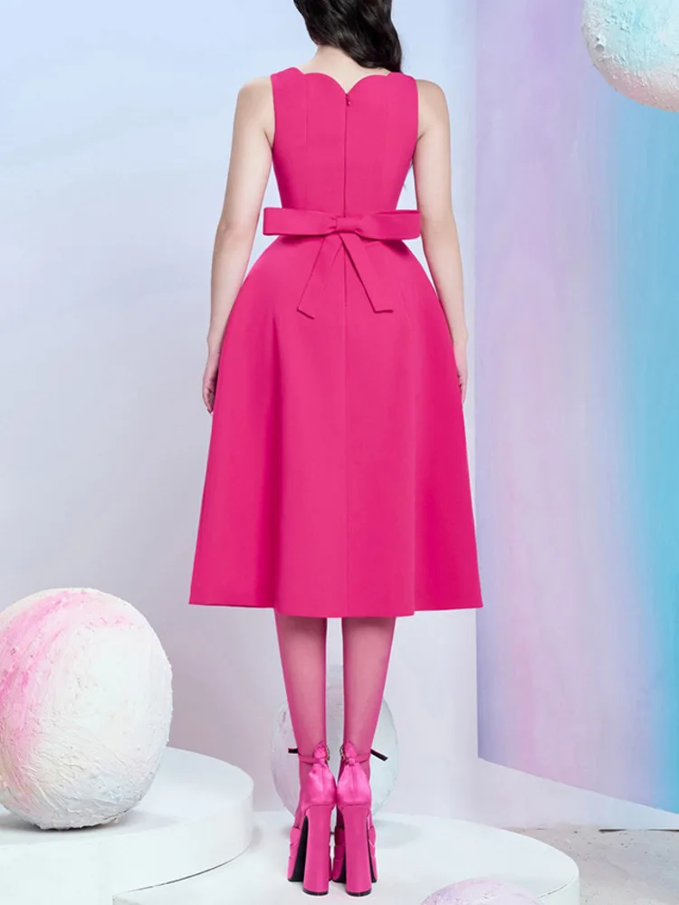 Женское платье без рукавов DEAT однотонное вечернее с бантом и высокой талией