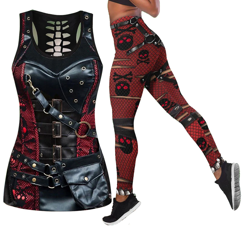 

Steampunk Skull Fashion 3D Printed Workout Leggings Fitness Sports Gym Running Lift The Hips Yoga Pants Tank Top Yoga Set
