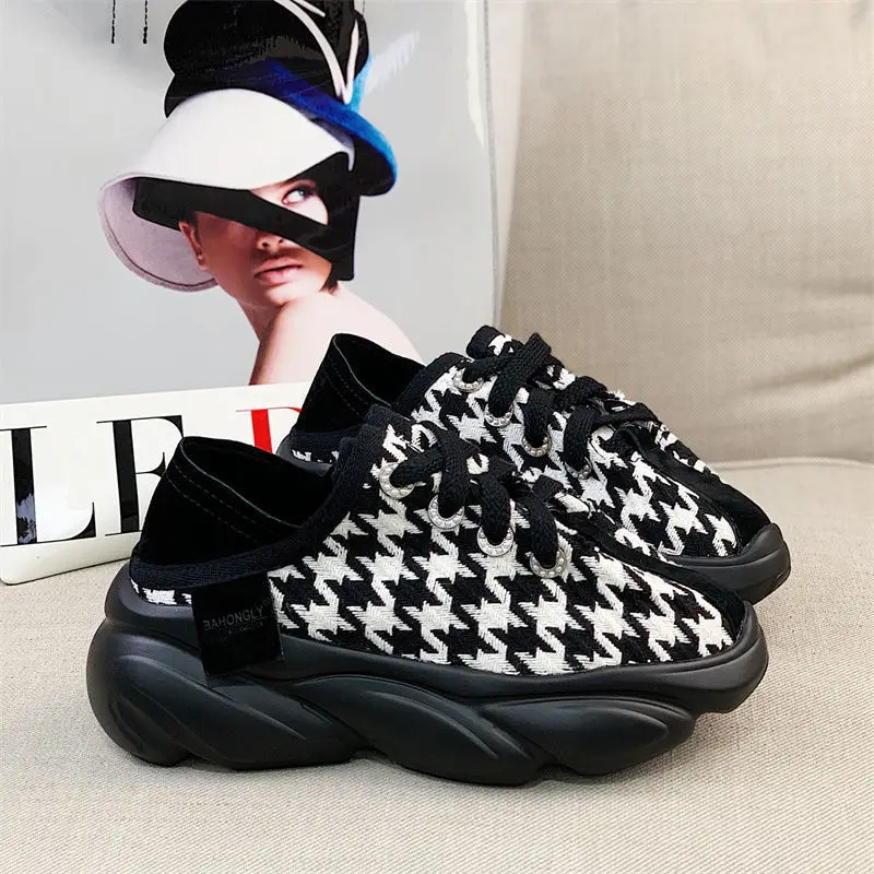 

2022 spring brown dad shoes ins trendy women's coarse fabric thick bottom raised casual retro sneakers