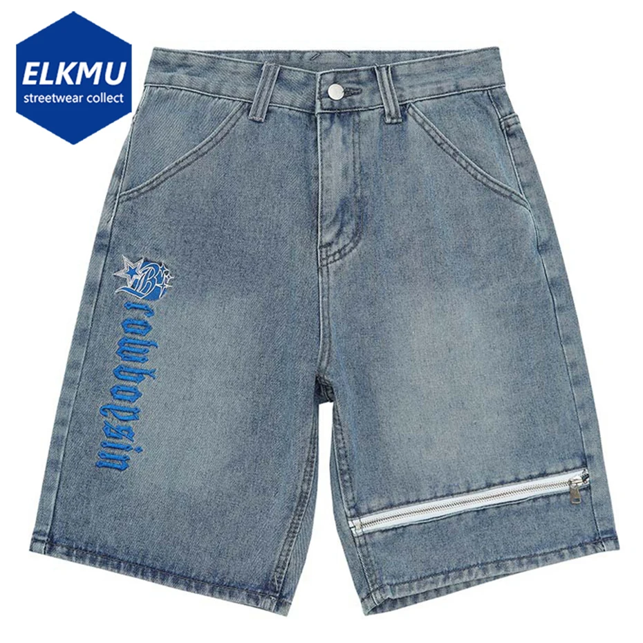 

Men Hip Hop Y2K Denim Shorts Letter Embroidery Zipper Blue Loose Jeans Shorts Harajuku Streetwear Shorts for Man