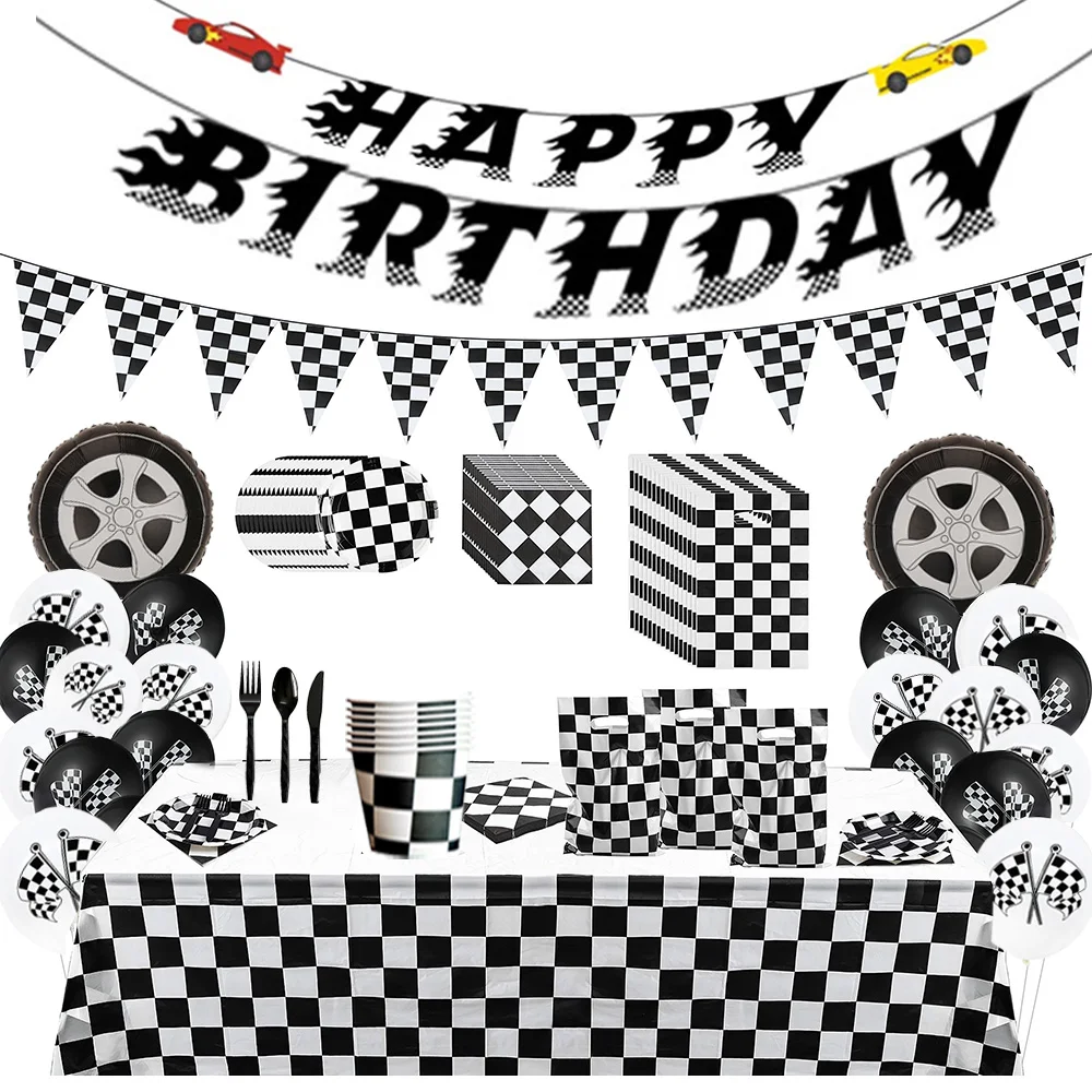 

Hot Wheels Race Car Birthday Supplies Racing Theme Party Decor Balloon Checkered BannerTableware Tablecloth Knife Fork Napkins,