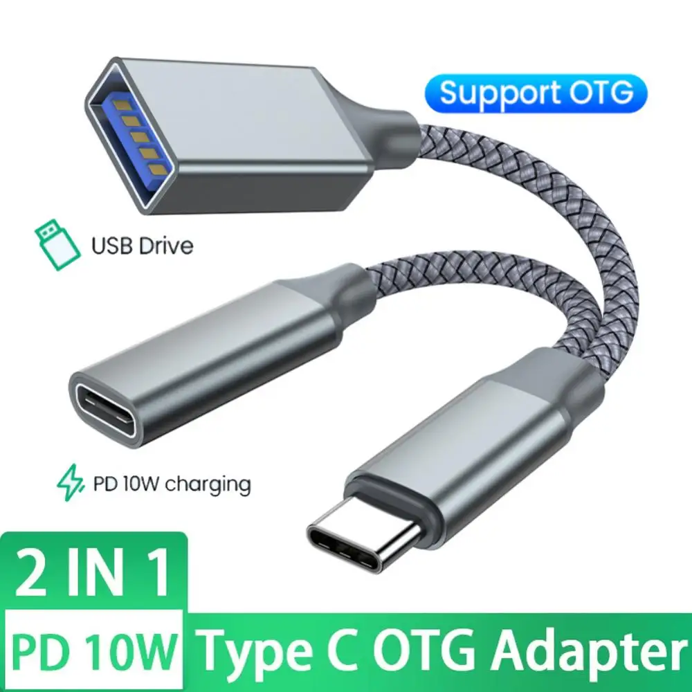 USB C OTG Cable Phone Adapter 2 in 1 Type C to USB A Adapter with PD Charging Port for Samsung Huawei Xiaomi Phone Laptop Tablet