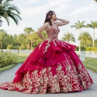 red ball gown quinceanera dresses formal prom graduation gowns gold appliques lace up princess sweet 15 16 dress vestidos vestid
