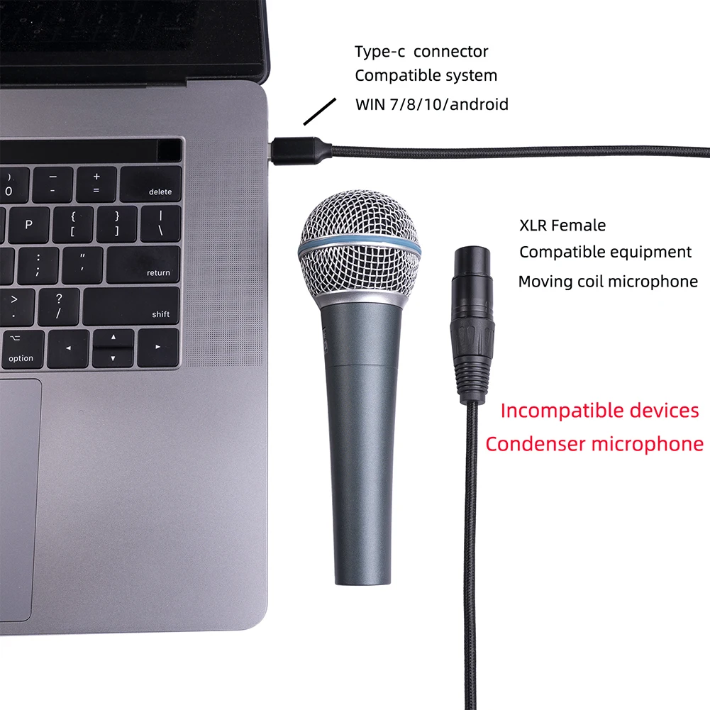 

USB C/Type-C к XLR 3-контактный аудиокабель для микрофона, сменный штекер-гнездо, адаптер для микрофона, шнур, аксессуары для микрофона