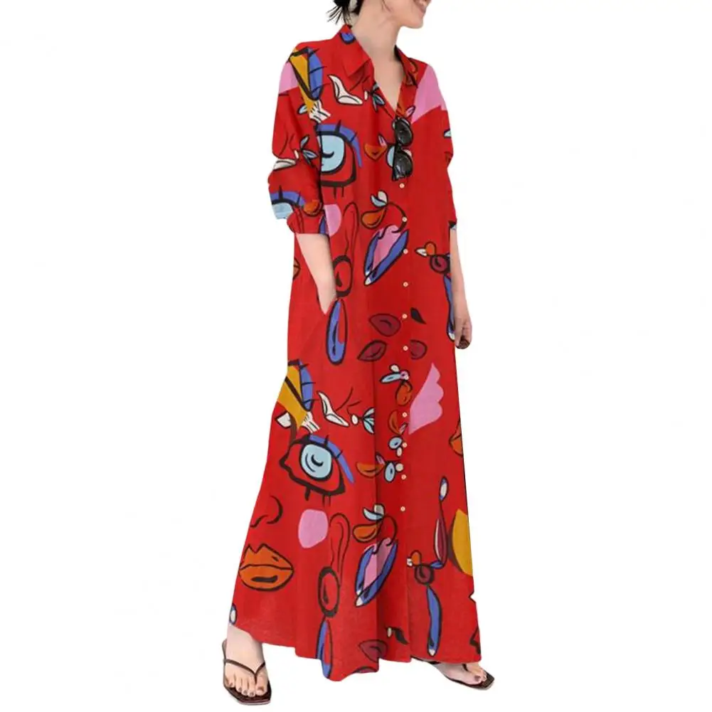 

Women Dress Summer Elegant Lapel Long Sleeve Slant Pockets Shirt Dress Women Summer Printing Loose Shirt Maxi Dress Female
