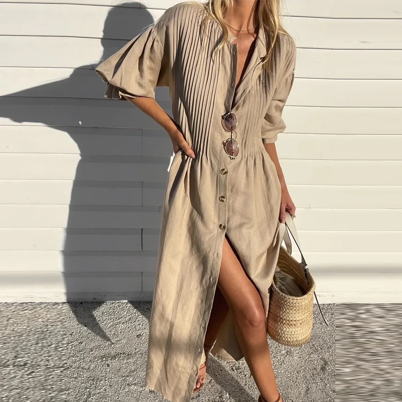 

Casual Women Button Slit Long Boho Dresses Fashion Fold Pleat Design Beach Shirt Dress Elegant Lantern Sleeve Ruffle Party Dress