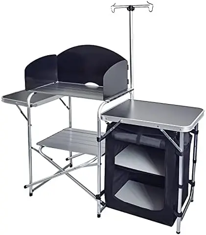 

Folding Cooking Table Outdoor Portable Cook Station Aluminum Camping Kitchen with Storage Organizer (Black)