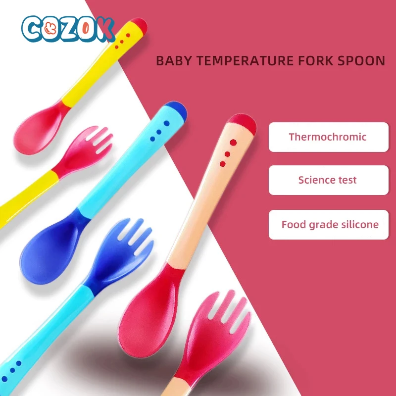

COZOK 2pcs Baby Safety Soft Spoon Fork Temperature Sensitive Change Colour Soup Ladle Antiskid Handle For 4 Months Baby Feeding